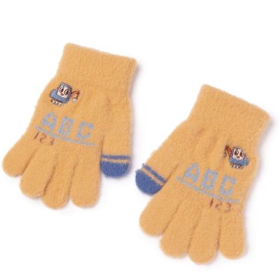 Autumn Winter Gloves for Children Excavator Cartoon Boy Baby Child Kindergarten 3-6 Years Old Knitting Wool Cute Five Fingers (Color : Yellow)