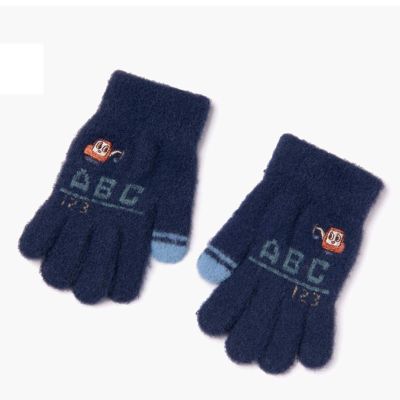 Autumn Winter Gloves for Children Excavator Cartoon Boy Baby Child Kindergarten 3-6 Years Old Knitting Wool Cute Five Fingers (Color : Navy Blue)