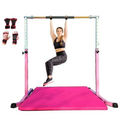 Gymnastic Kip Bar Horizontal Bar Expandable Junior Gymnastics Training - Height Adjustable 3 to 5 FT - w 6'x4' Tumble Mat Asymmetric Bar - Cushioned Fiberglass Bar,HD Curved Legs, Gloves (Pink)
