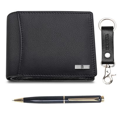 HORNBULL Denial Mens Leather Wallet Combo Gift Set | Leather Wallet, Key Ring & Pen Combo Valentine Gift Hamper | Branded Mens Wallet (Black)