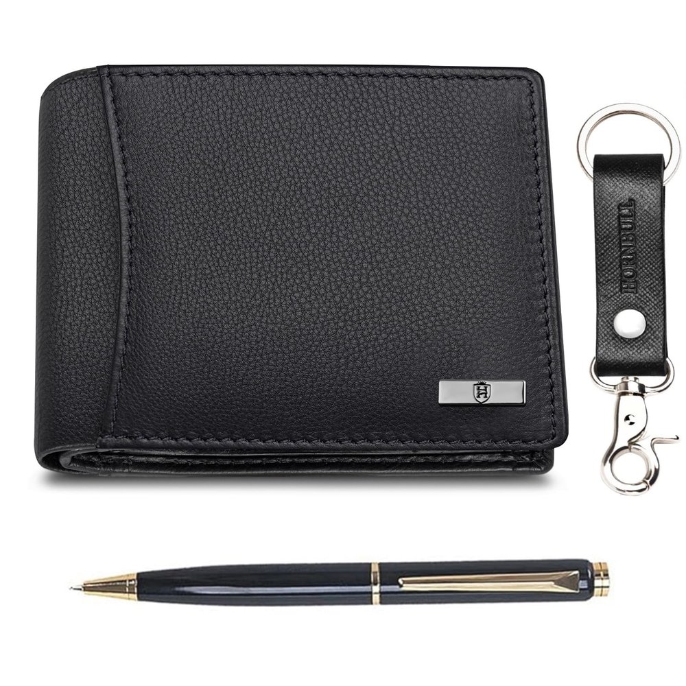 HORNBULL Denial Mens Leather Wallet Combo Gift Set | Leather Wallet, Key Ring & Pen Combo Valentine Gift Hamper | Branded Mens Wallet (Black)