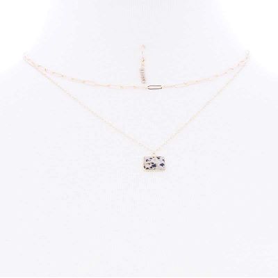 2 Layered Chain Metal Square Marbling Stone Pendant Necklace - White