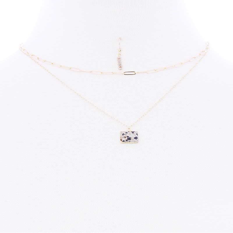 2 Layered Chain Metal Square Marbling Stone Pendant Necklace - White