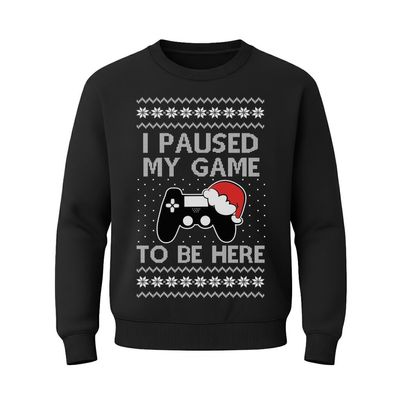 Tstars Kids Gaming Ugly Christmas Sweatshirt I Paused My Game to Be Here Funny Holiday Pullover for Boys and Girls Medium Black