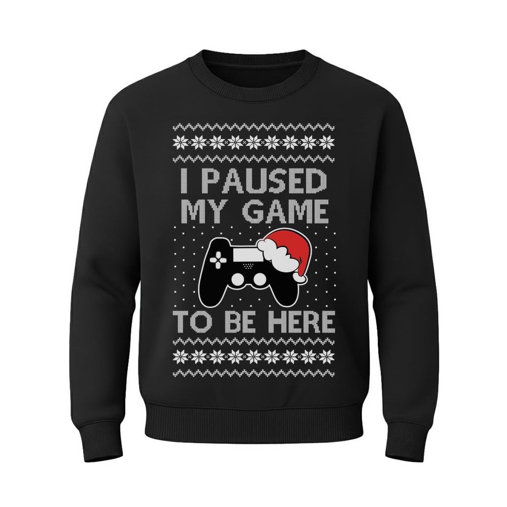 Tstars Kids Gaming Ugly Christmas Sweatshirt I Paused My Game to Be Here Funny Holiday Pullover for Boys and Girls Medium Black