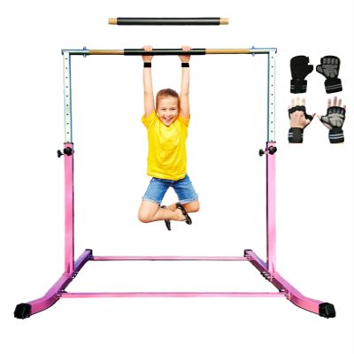 Gymnastic Kip Bar Horizontal Bar Expandable for Kids Junior Gymnastics - Height Adjustable 3 to 5 FT - Gymnastic Training Bar with Cushioned Bar Pad for Fiberglass Rail, HD Curved Legs, Gloves (Pink)