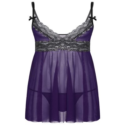 easyforever Mens Sissy Sheer Lace Lingerie Set Deep V Neck Lace Trim Chemise Babydoll with G-String Briefs Purple X-Large