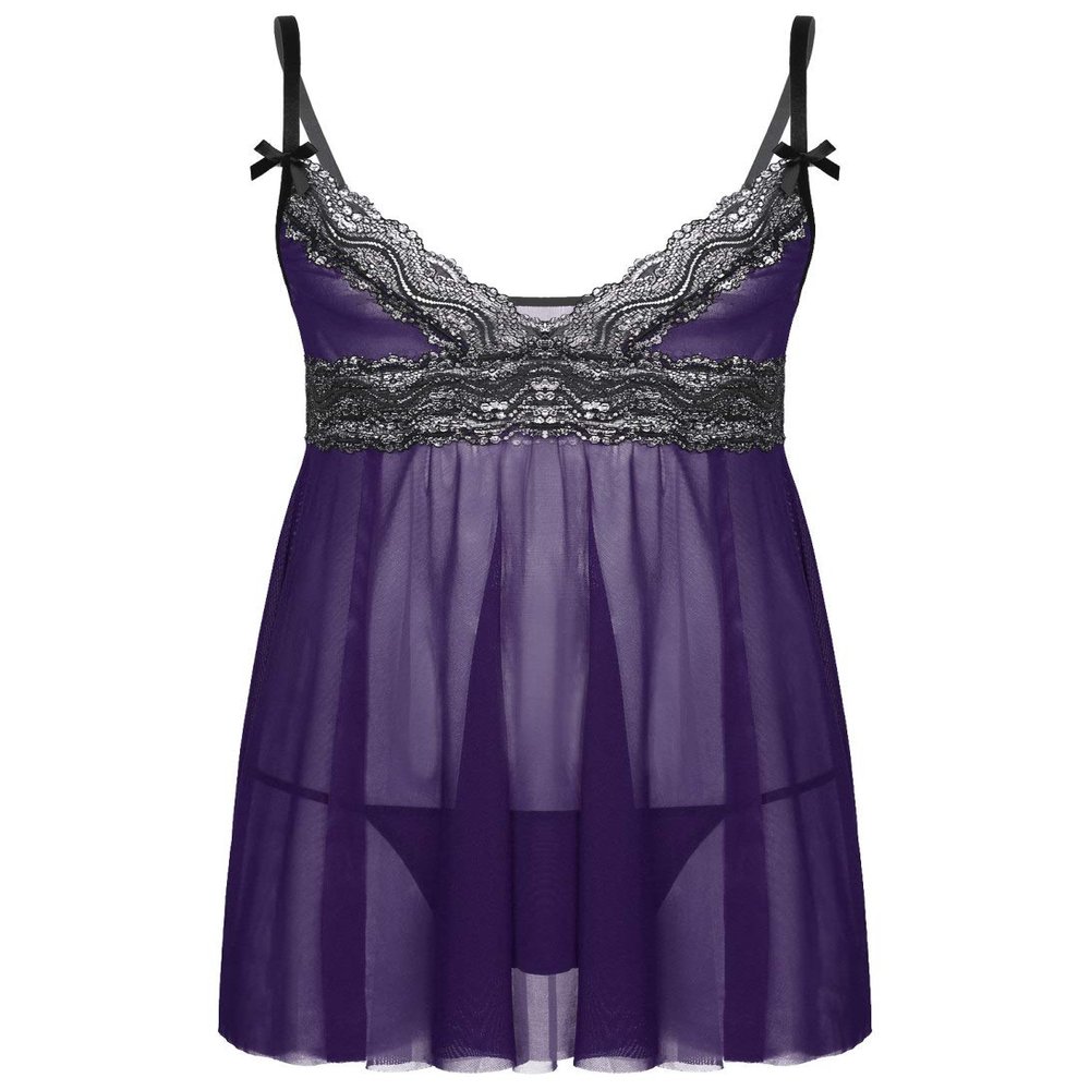 easyforever Mens Sissy Sheer Lace Lingerie Set Deep V Neck Lace Trim Chemise Babydoll with G-String Briefs Purple X-Large