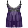 easyforever Mens Sissy Sheer Lace Lingerie Set Deep V Neck Lace Trim Chemise Babydoll with G-String Briefs Purple X-Large view 1