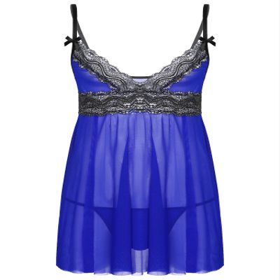 easyforever Mens Sissy Sheer Lace Lingerie Set Deep V Neck Lace Trim Chemise Babydoll with G-String Briefs Royal_Blue X-Large