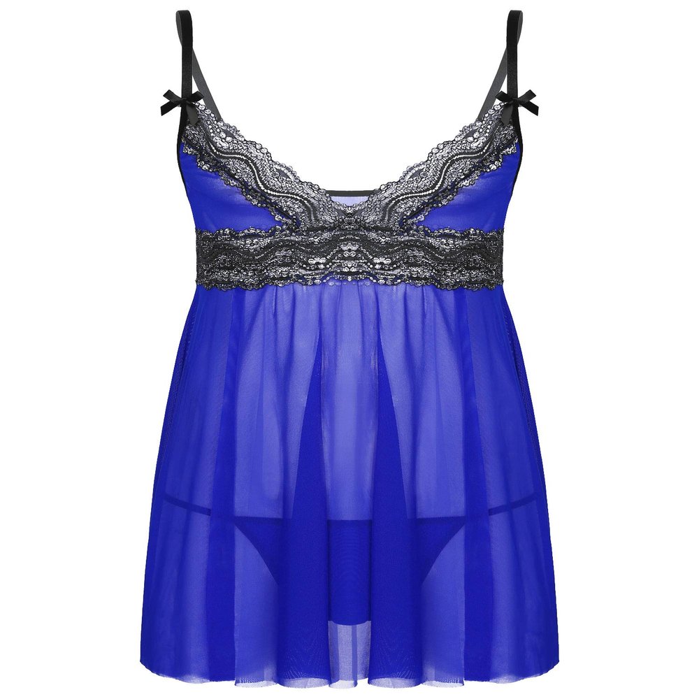 easyforever Mens Sissy Sheer Lace Lingerie Set Deep V Neck Lace Trim Chemise Babydoll with G-String Briefs Royal_Blue X-Large