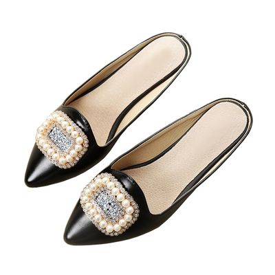 Starella Rhinestone Mules for Women Flats Shoes Slip On Backless Loafer Pointed Toe Dress Mule Slides PU Black EU38/US7
