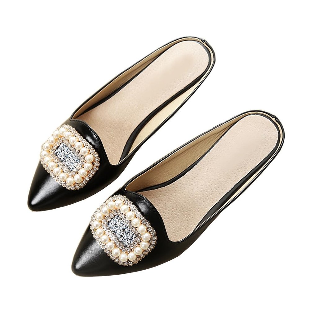Starella Rhinestone Mules for Women Flats Shoes Slip On Backless Loafer Pointed Toe Dress Mule Slides PU Black EU38/US7