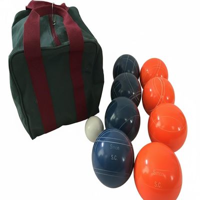 BuyBocceBalls Listing - Made in USA, Premium Quality Engraved Tournament Bocce Set, 998 Grams (2 lbs. 3.2 oz.). Various Bag Colors - 110mm Orange and Blue Balls, Nylon Bag