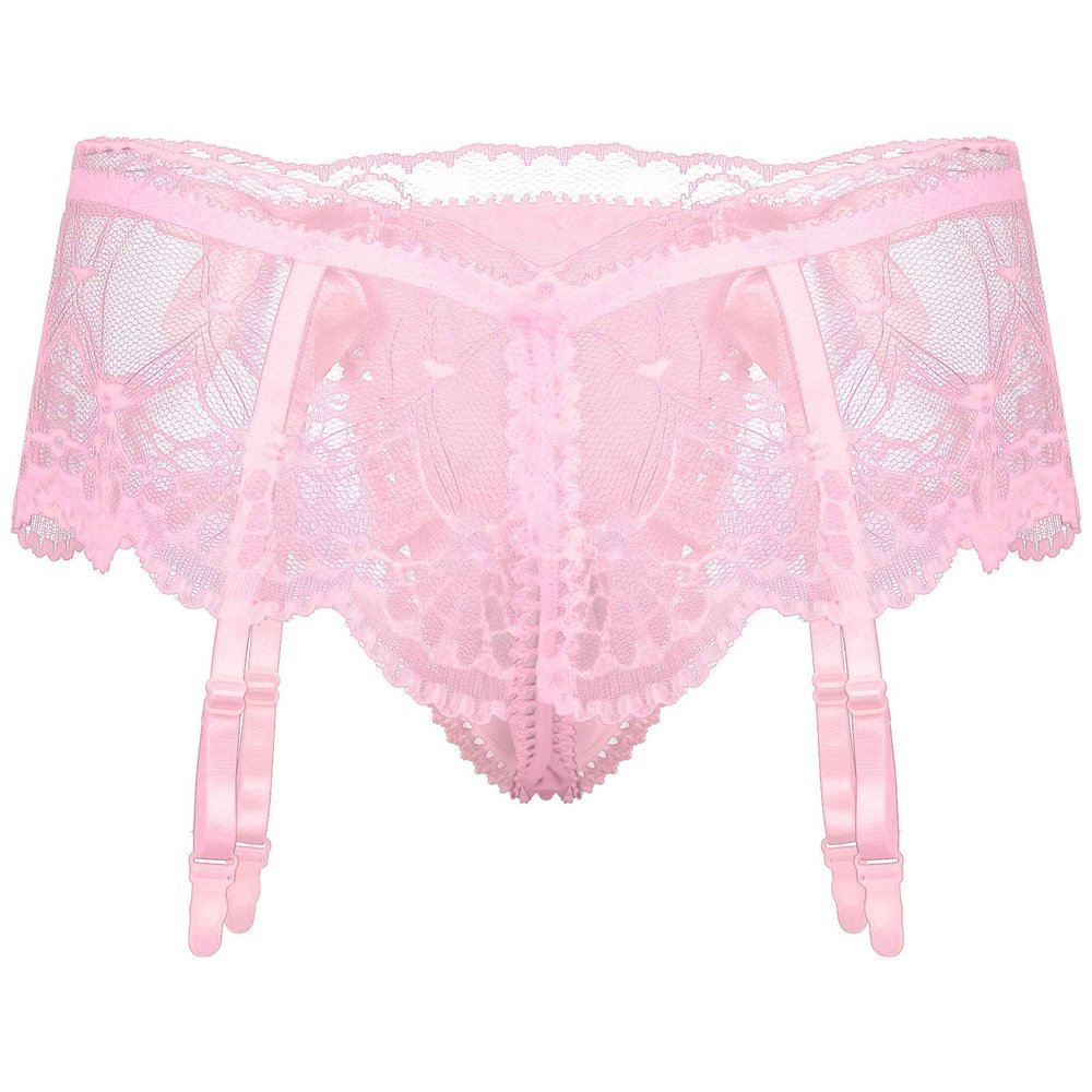 ACSUSS Mens Sexy Sissy Pouch Lingerie Underwear Girly Costumn T-Back Brieft with Garters Pink One Size