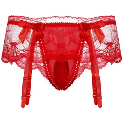 ACSUSS Mens Sexy Sissy Pouch Lingerie Underwear Girly Costumn T-Back Brieft with Garters Red One Size