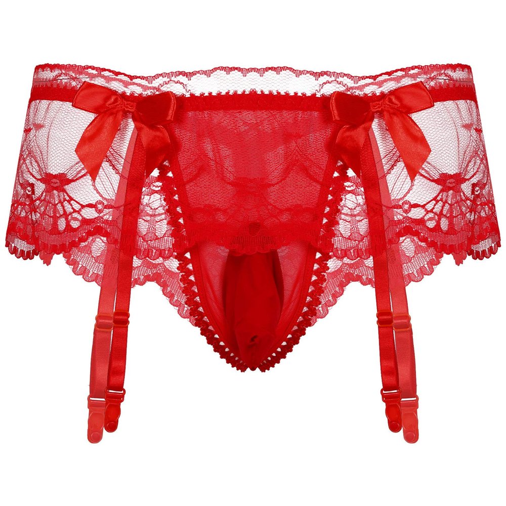 ACSUSS Mens Sexy Sissy Pouch Lingerie Underwear Girly Costumn T-Back Brieft with Garters Red One Size