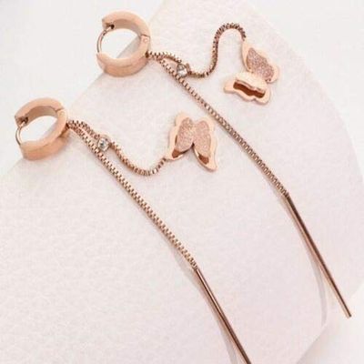 18K Rose Gold color Titanium Stainless Steel Butterfly Tassel Stud Earrings Gift PE3 charm original