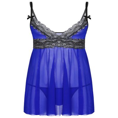 YiZYiF Men's Sissy Lingerie Nightwear Crossdresser Sleepwear Lace Babydoll Dress with G-String Royal_Blue X-Large