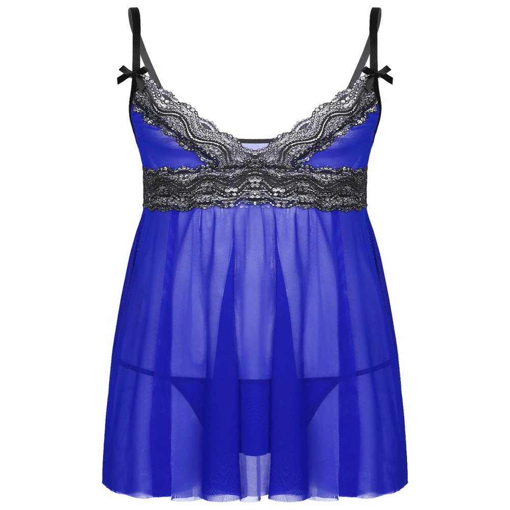 YiZYiF Men's Sissy Lingerie Nightwear Crossdresser Sleepwear Lace Babydoll Dress with G-String Royal_Blue X-Large