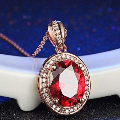 18" Silver Red Solitaire Ruby Pendant Oval Rose Gold color Plate Necklace Gift Box A25 charm original