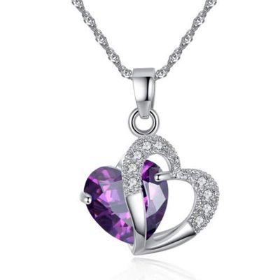 925 Sterling Silver Purple Amethyst CZ Double Heart Pendant Necklace 16" Chain charm original