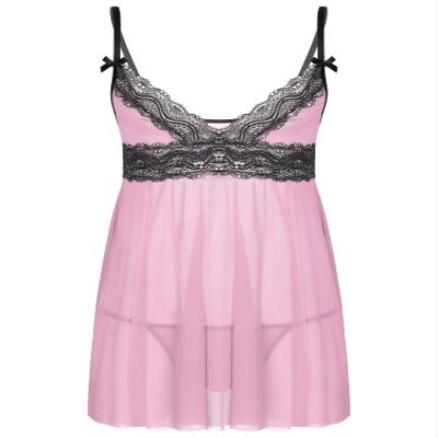 QinCiao Men's Lace Lingerie Sleepwear Babydoll Chemise Intimate Crossdressing Pajamas Set Pink Large