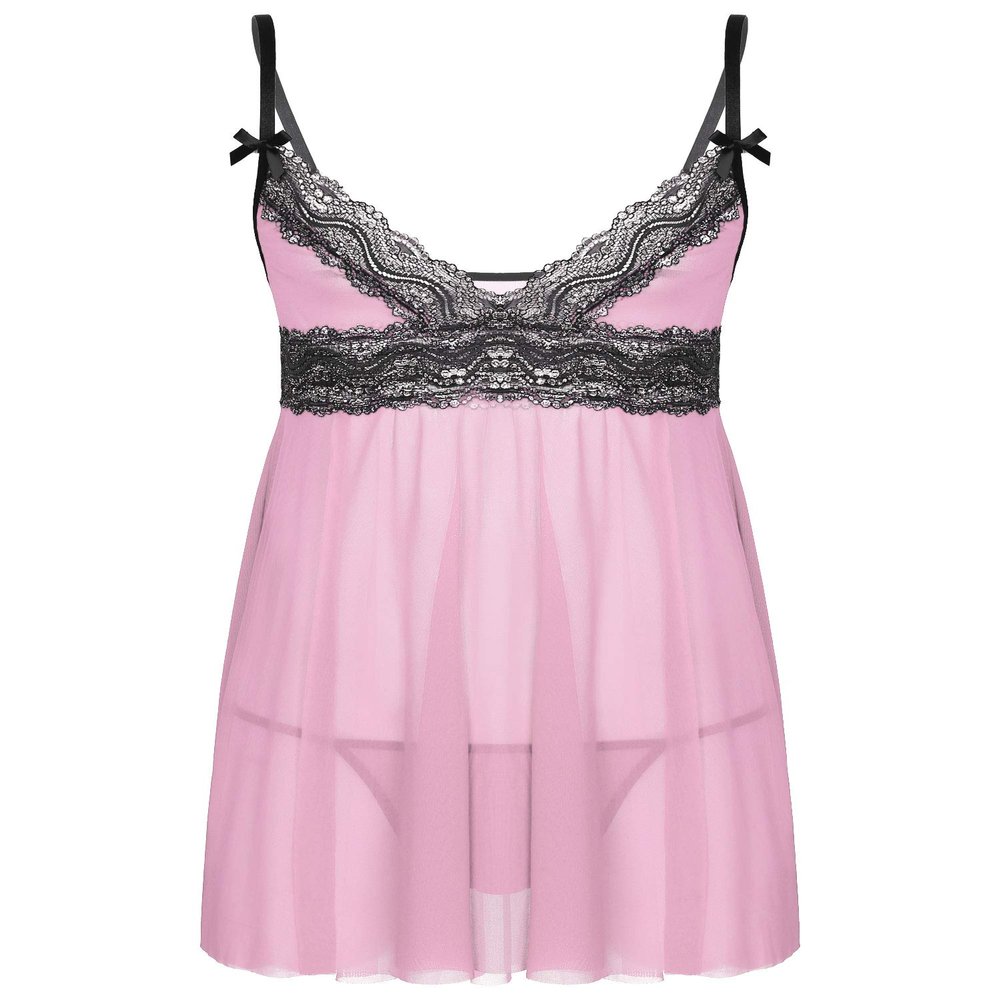 QinCiao Men's Lace Lingerie Sleepwear Babydoll Chemise Intimate Crossdressing Pajamas Set Pink Large
