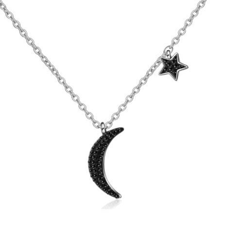 Moon Star Pave Black Cubic Zirconia Fine Silver Plated GP Pendant Necklace 16+2" S1 charm original