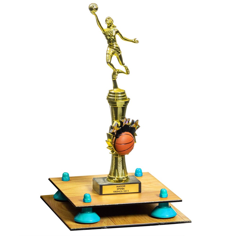 Better Display Cases Simulated Wood Large Trophy Pedestal Stand or Base with Light Blue Risers - 8.75" X 7.75" (A006, V21)