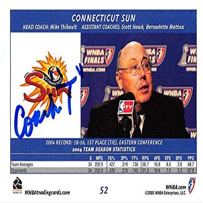 Autograph Warehouse 465912 Mike Thibault Autographed Connecticut Sun Coach Basketball Card 2005 WNBA Enterprises No. 52