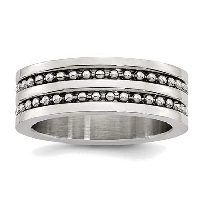 Bonyak Jewelry Stainless Steel Antiqued/Polished Double Row Beaded 8mm Band in Stainless Steel