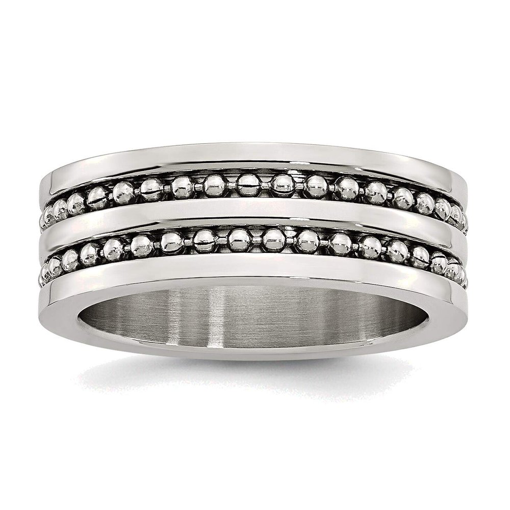 Bonyak Jewelry Stainless Steel Antiqued/Polished Double Row Beaded 8mm Band in Stainless Steel
