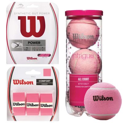 Wilson Pink Pro Accessory Starter Pack - Bundle with A Set of Wilson Synthetic Gut Power 16g Pink Tennis String, 3-Pack Pink Pro Overgrip, 3-Ball Can Intrigue All Court Tennis Balls