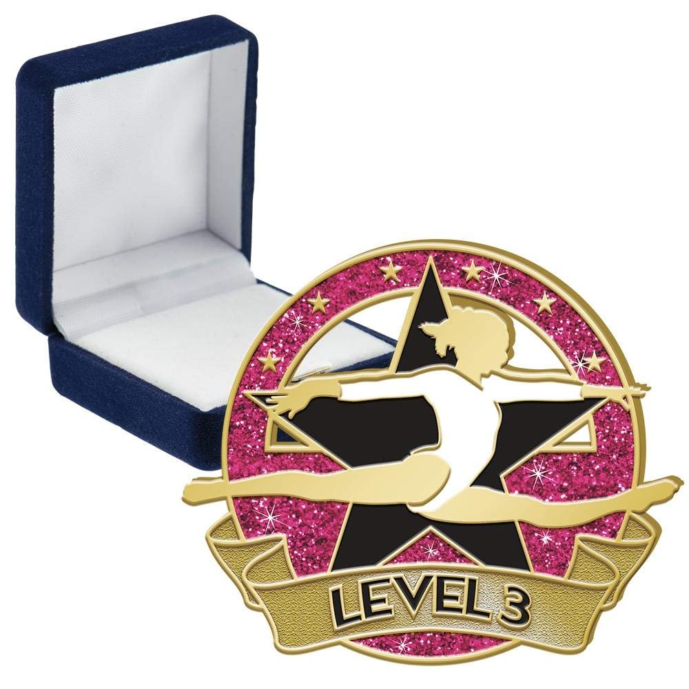 Gym Glitter Level 3 Pins, Gym Glitter Level 3 Pin With Blue Velvet Presentation Case, 100 Pack