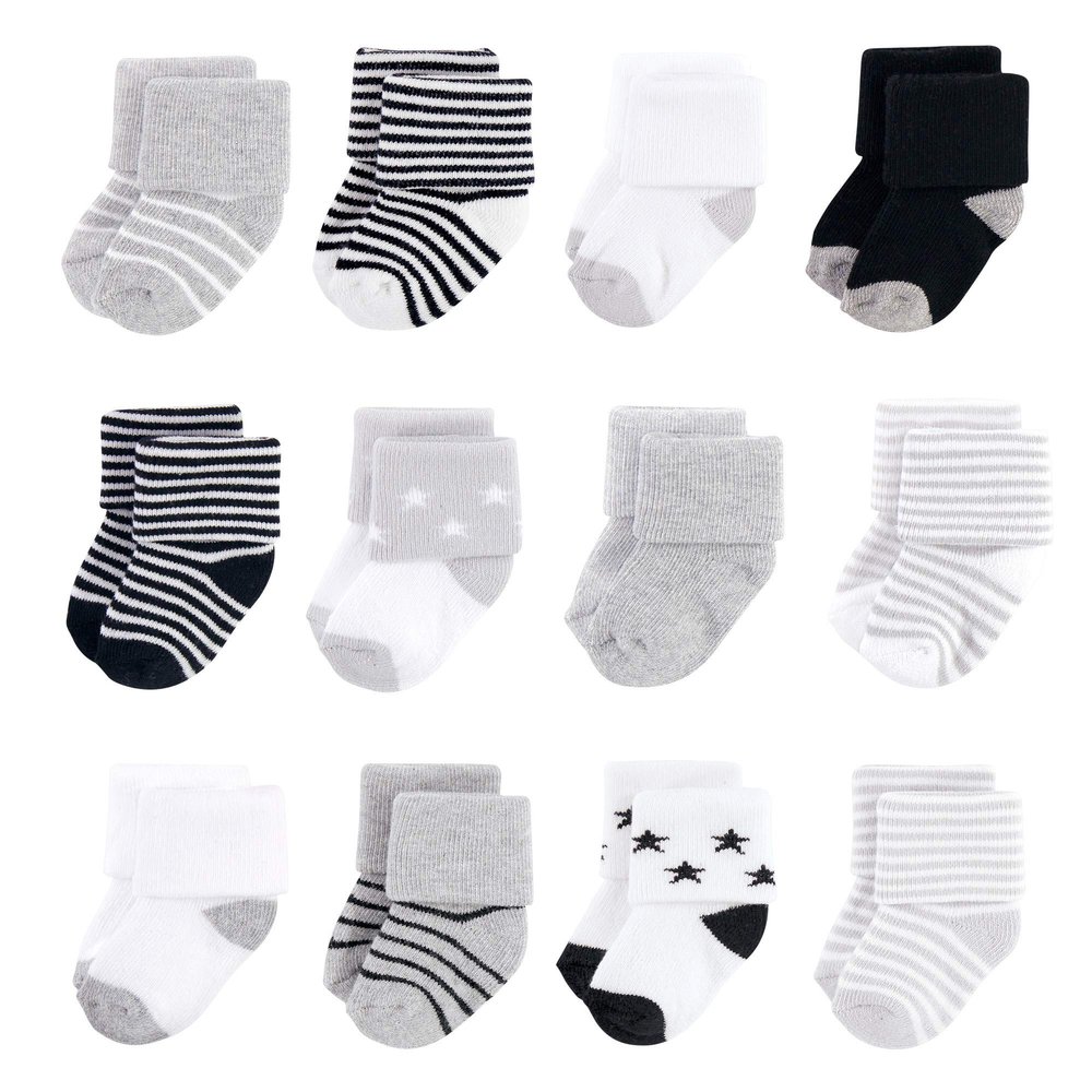 Hudson Baby Unisex Cotton Rich Newborn and Terry Socks, Gray Black Stars, 0-6 Months
