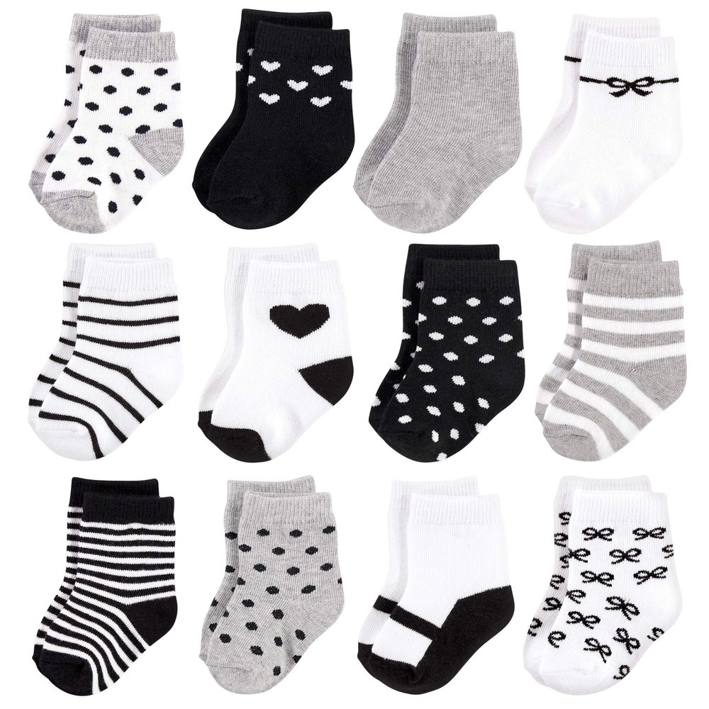 Hudson Baby Unisex Cotton Rich Newborn and Terry Socks, Girls Gray Black, 12-24 Months
