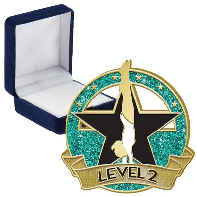Gym Glitter Level 2 Pins, Gym Glitter Level 2 Pin With Blue Velvet Presentation Case, 100 Pack
