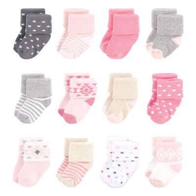 Hudson Baby Unisex Cotton Rich Newborn and Terry Socks, Pink Gray Aztec, 6-12 Months