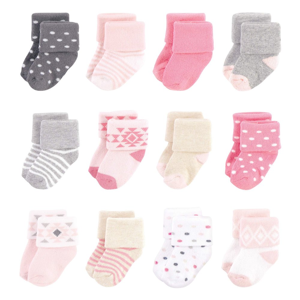 Hudson Baby Unisex Cotton Rich Newborn and Terry Socks, Pink Gray Aztec, 6-12 Months
