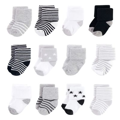 Hudson Baby baby boys Cotton Rich Newborn and Terry Casual Sock, Gray Black Stars, 6-12 Months US