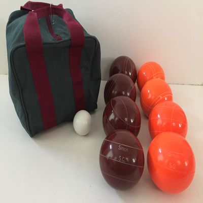 BuyBocceBalls Listing - Made in USA, Premium Quality Engraved Tournament Bocce Set, 998 Grams (2 lbs. 3.2 oz.). Various Bag Colors - 110mm Dark Red and Orange Balls, Nylon Bag