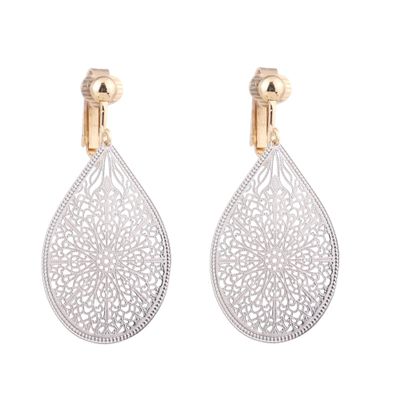 GRACE JUN Carving Clip On Earrings for Women Lightweight Teardrop Leaf No Pierced Earrings (Silver Clip-on)