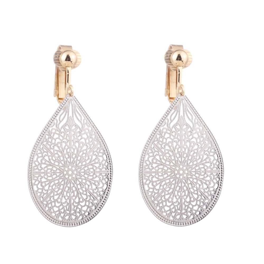 GRACE JUN Carving Clip On Earrings for Women Lightweight Teardrop Leaf No Pierced Earrings (Silver Clip-on)