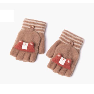 Children's Half-Finger Gloves Autumn, Winter and Winter Cartoon Cute Woolen Yarn 3-6 Years Old Men and Women Baby Kindergarten Children Flip Half Finger (Color : Brown)