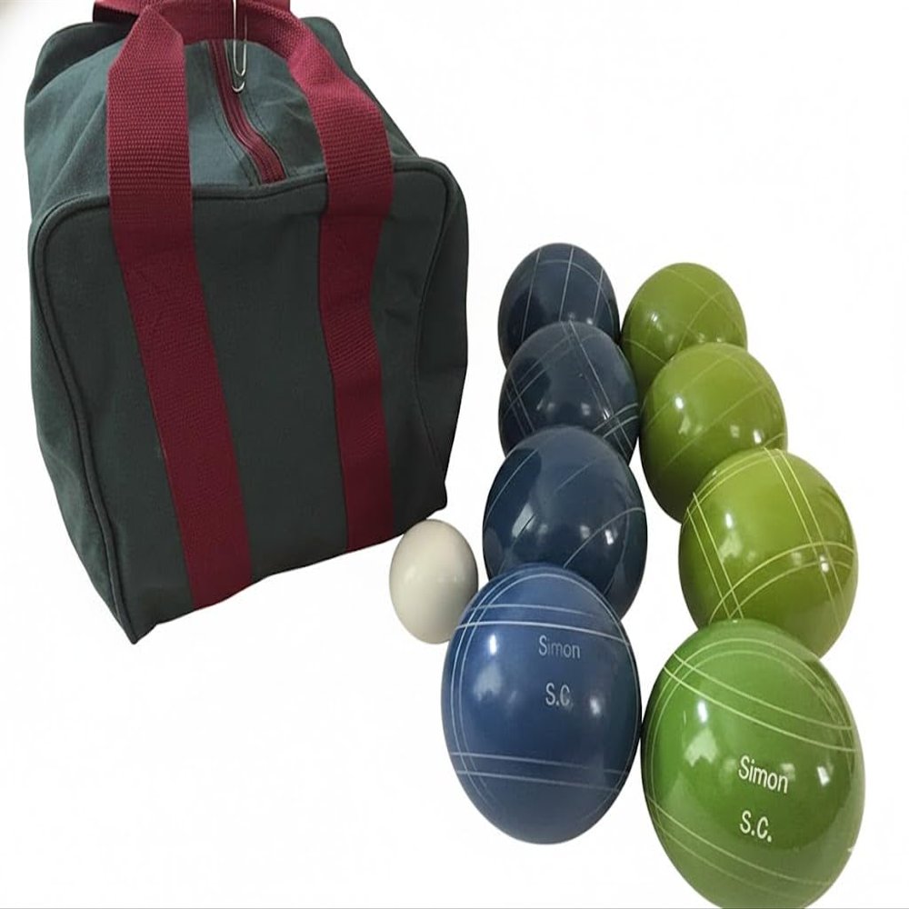 BuyBocceBalls Listing - Made in USA, Premium Quality Engraved Tournament Bocce Set, 998 Grams (2 lbs. 3.2 oz.). Various Bag Colors - 110mm Lime Green and Blue Balls, Nylon Bag