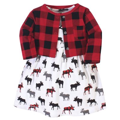 Hudson Baby Girls' Cotton Dress and Cardigan Set, Buffalo Plaid Moose, 4 Toddler