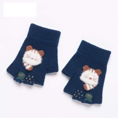 Children's Half-Finger Gloves Autumn and Winter Knitted Woolen Yarn for Infants and Young Children Men and Women Baby Under 2 Years Old Little Kitty Cartoon Cute Fingerless Warm (Color : Navy Blue)