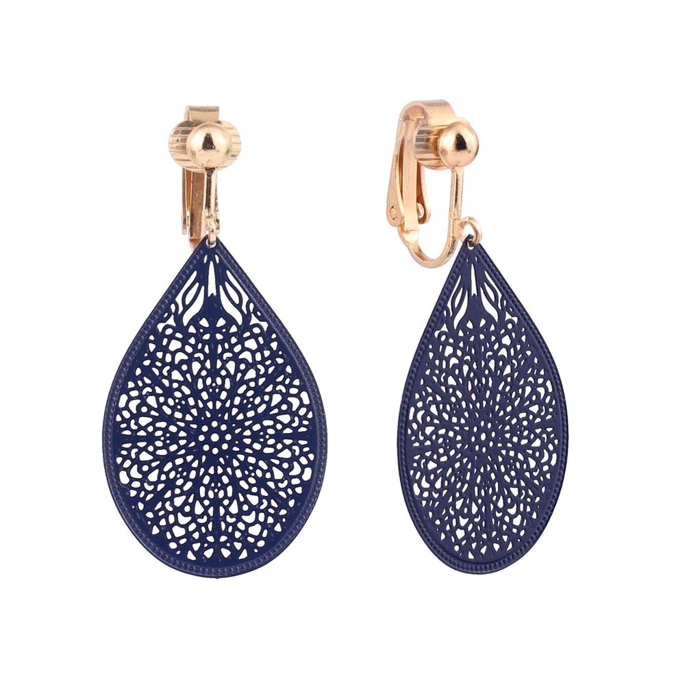 GRACE JUN Carving Clip On Earrings for Women Lightweight Teardrop Leaf No Pierced Earrings (Navy Blue Clip-on)