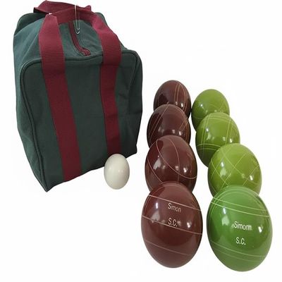 BuyBocceBalls Listing - Made in USA, Premium Quality Engraved Tournament Bocce Set, 998 Grams (2 lbs. 3.2 oz.). Various Bag Colors - 110mm Dark Red and Lime Green Balls, Nylon Bag
